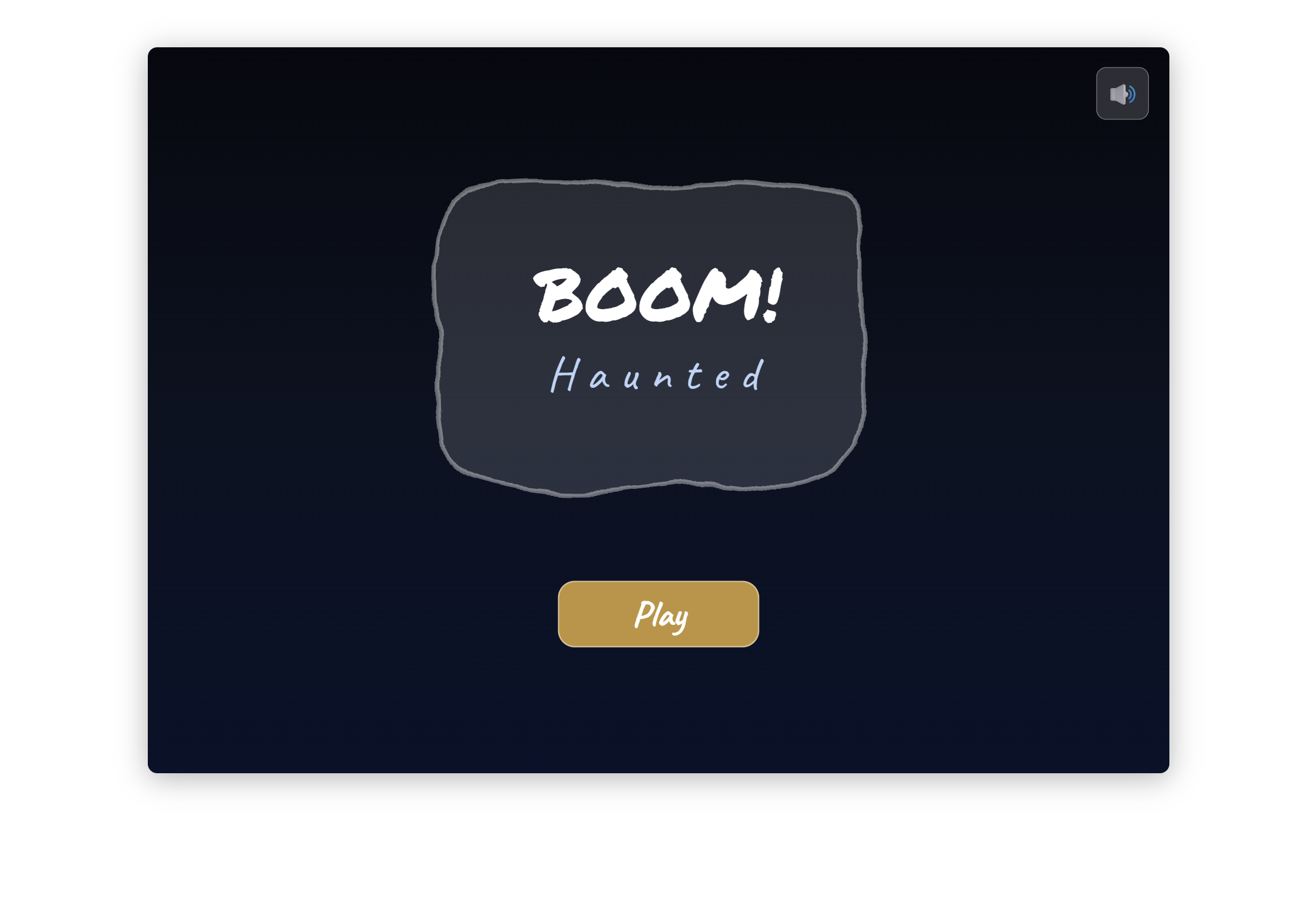 Boom! Haunted title screen with a smoky, wriggly-edged ghost panel reading 'BOOM! Haunted' and a khaki Play button